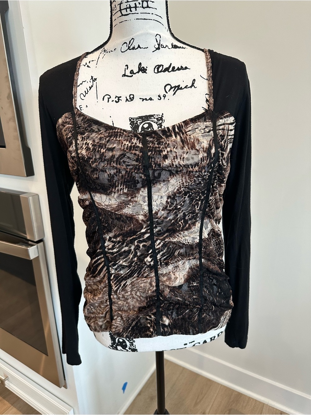 Brown Patterned Mesh and fabric blouse with Black Long Sleeves - LARGE